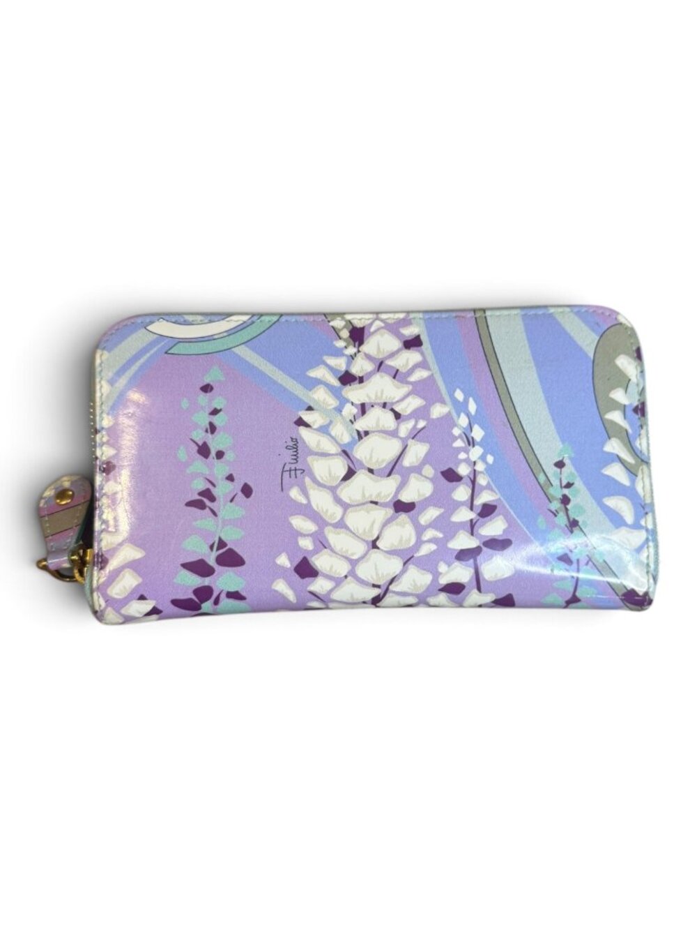 Emilio Pucci Floral Zip-Around Wallet With Gold Hardware & Mint Interior